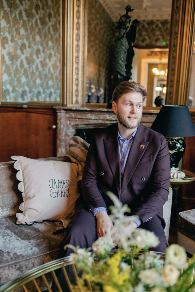 James Green enjoying a brief moment of reflection amidst the hustle of wedding day preparations.