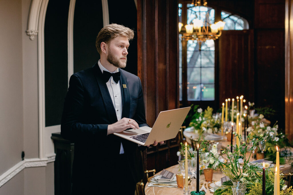 An elegant wedding table setup styled by Events by James, with Philippa Sian’s photography capturing every detail, from floral arrangements to place settings.