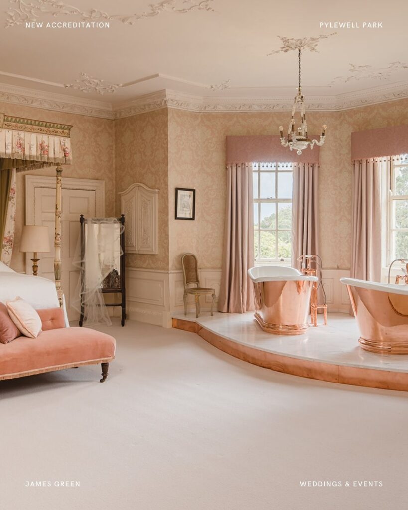 Romantic bridal suite at Pylewell Park featuring copper bathtubs, pastel interiors, and a four-poster bed, perfect for wedding morning prep.