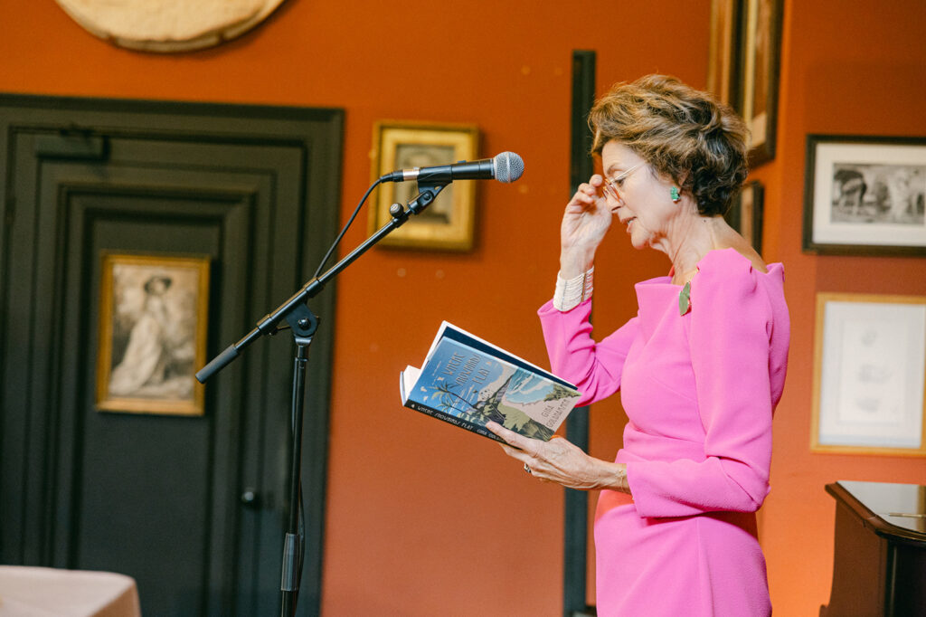Author Gina Goldhammer reading from Where Snowbirds Play during her book launch at Leighton House